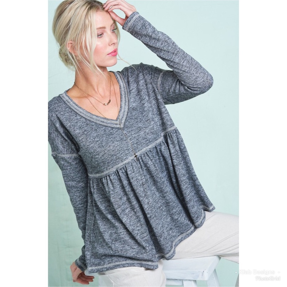 ❤️LAST 2! V Neck Raw Edge Stitch Soft Babydoll Tee - Picture 2 of 8